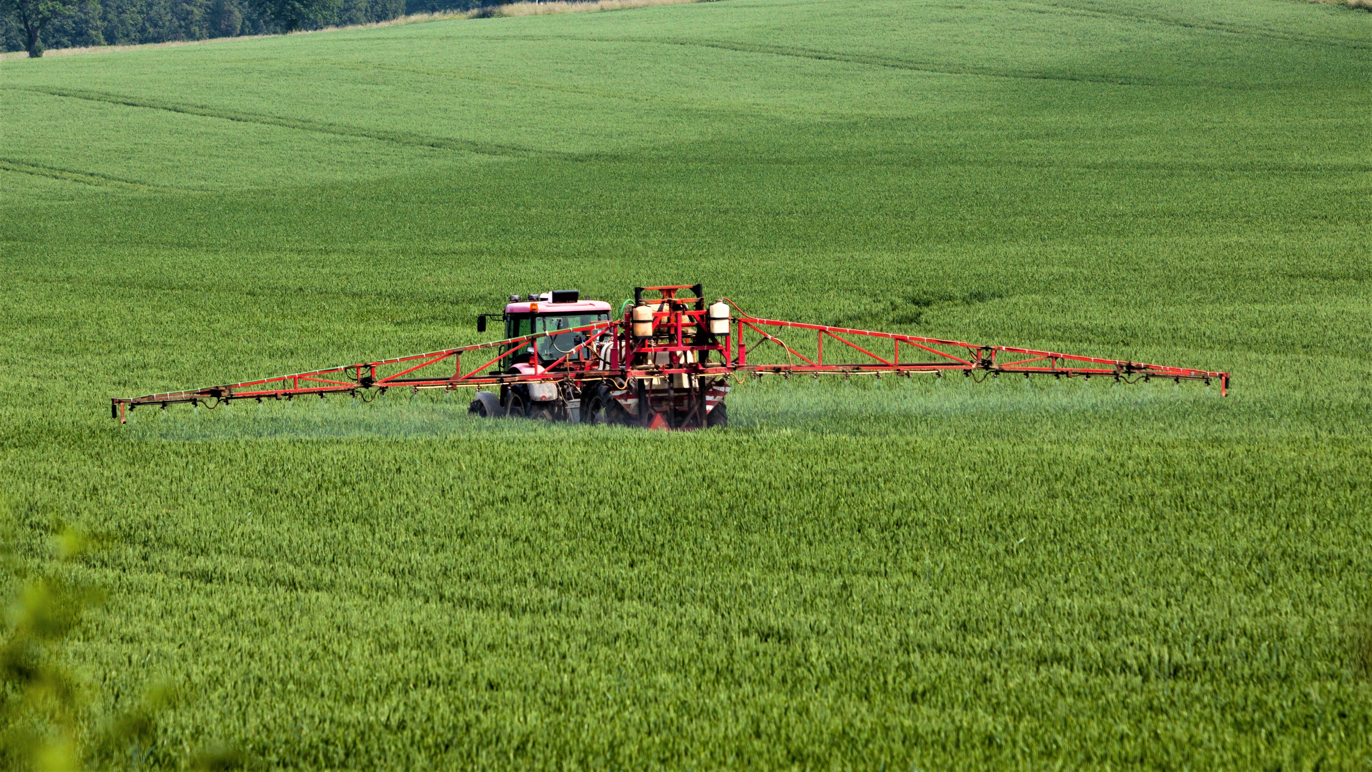 En traktor kører over en mark, mens den sprøjter med pesticider