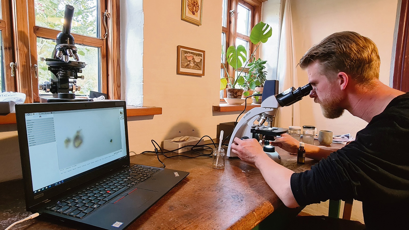 Dennis Weigelt Pedersen undersøger noget i et mikroskop