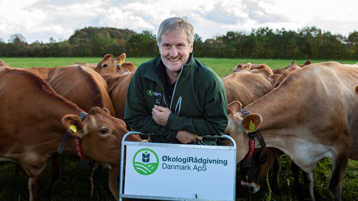 Erik Andersen står med et skilt, hvorpå der står ØkologiRådgivning Danmark ApS - bag ham står en flok køer
