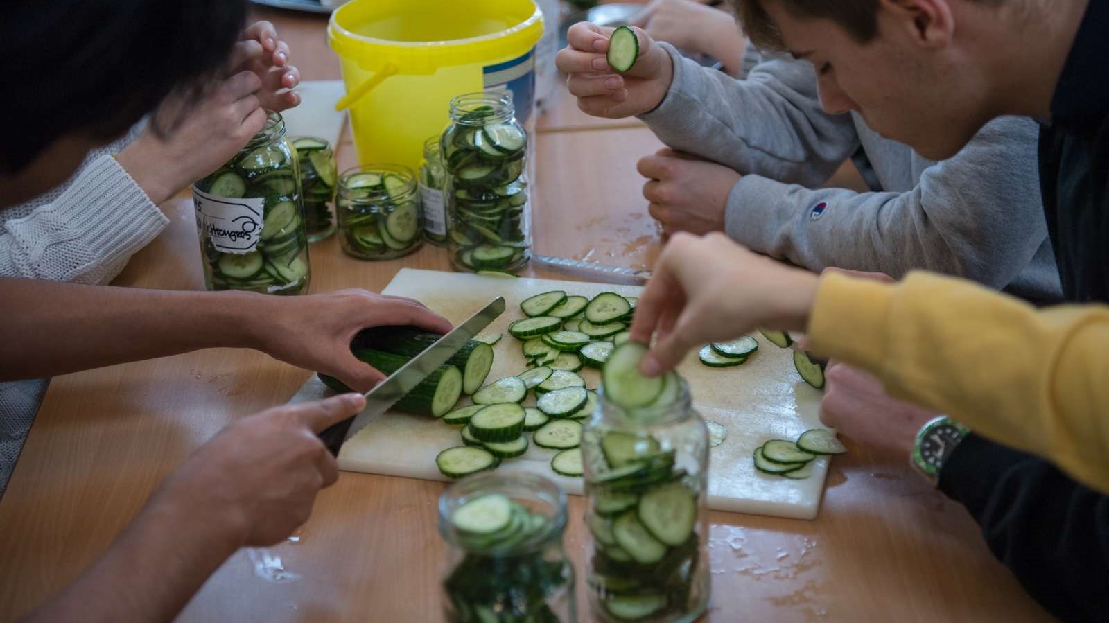 Børn snitter agurker til agurkesalat