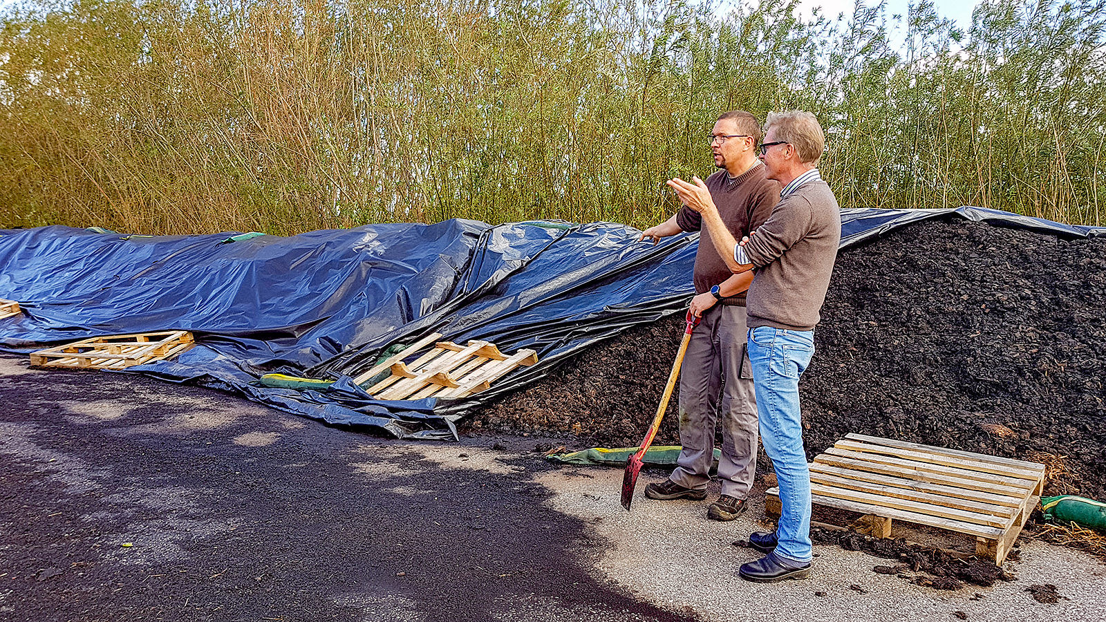 Jesper Søllingvra Jensen og Klaus Søgård står ved en stor kompostbunke, der skal flyttes fra gårdspladsen og ind i drivhusene.