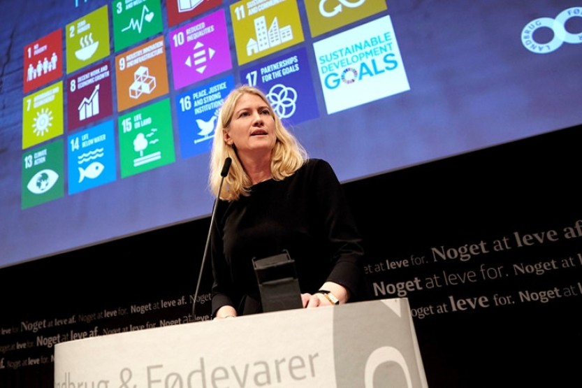 Anne Lawaetz Arhnung ses på en talerstol - bag hende viser skærmen FN's 17 verdensmål.