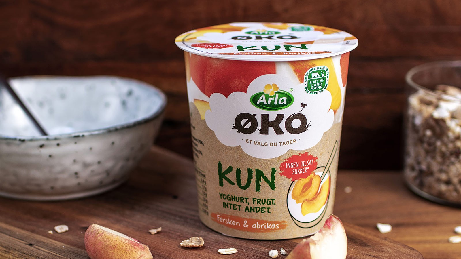 Bæger med ØKO KUN med fersken og abrikos