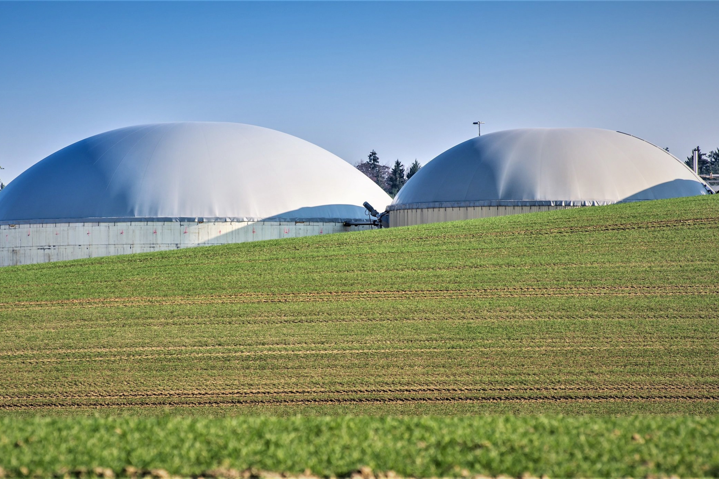 Biogasanlæg ses bag en mark