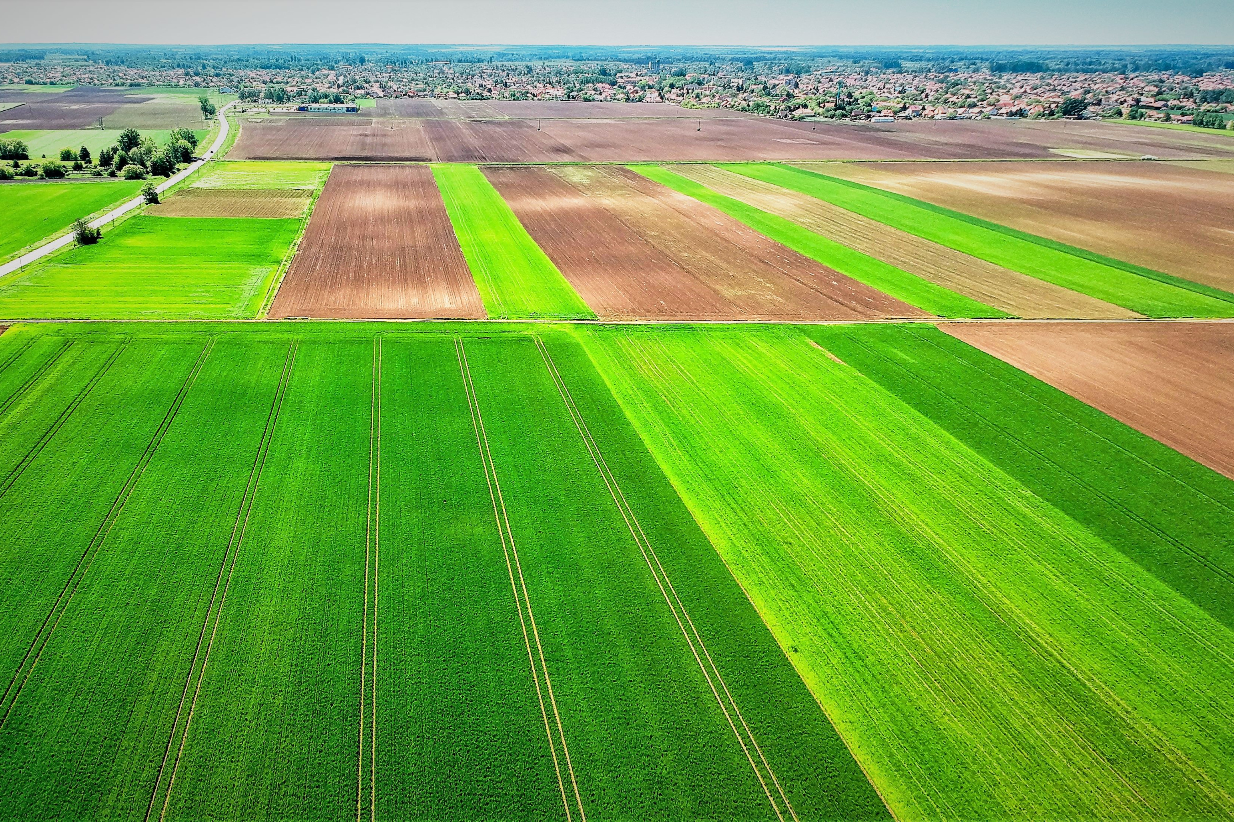 Et billede fra luften viser landbrugsmarker og en by i baggrunden