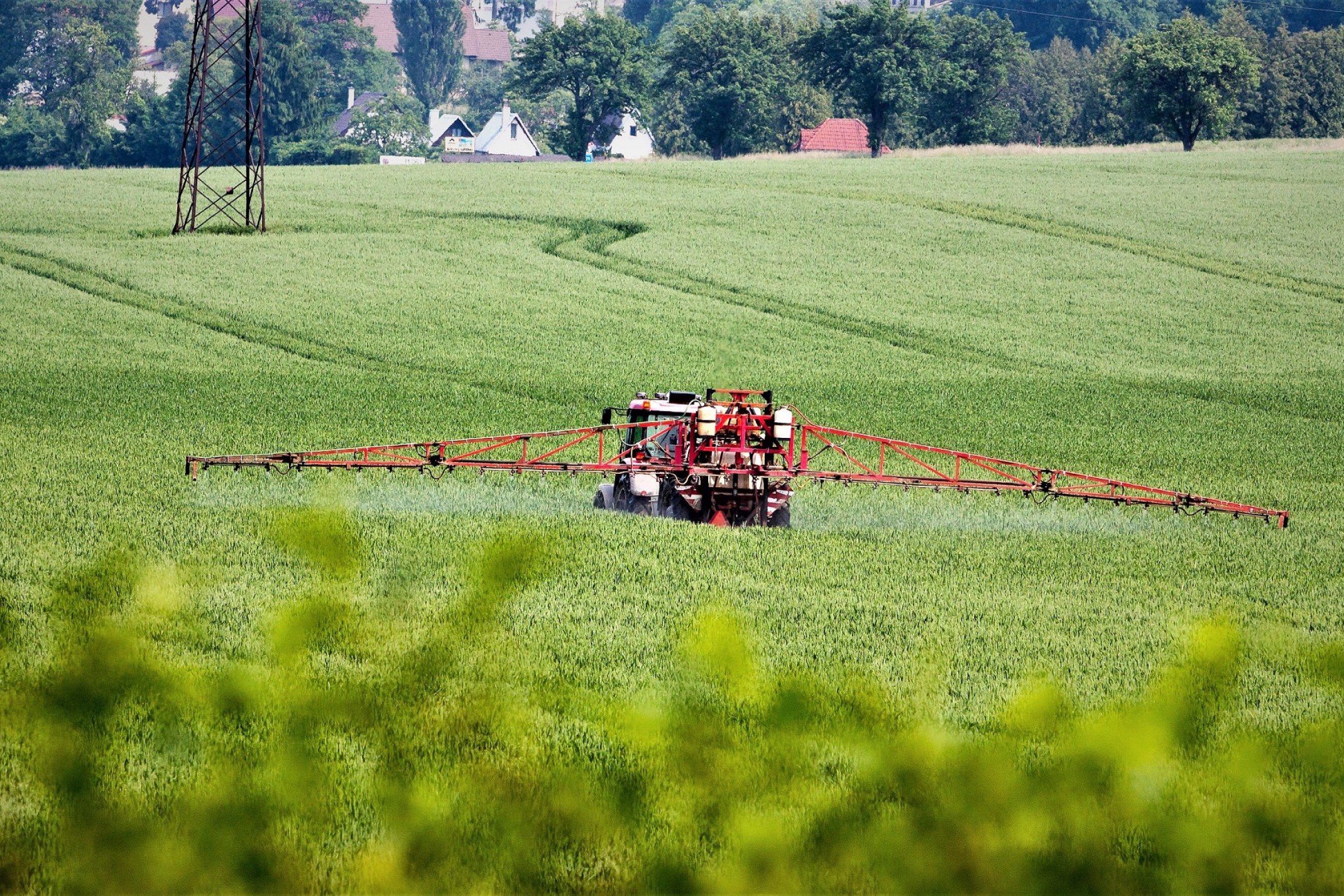 En traktor kører hen over en mark og sprøjter den med pesticider
