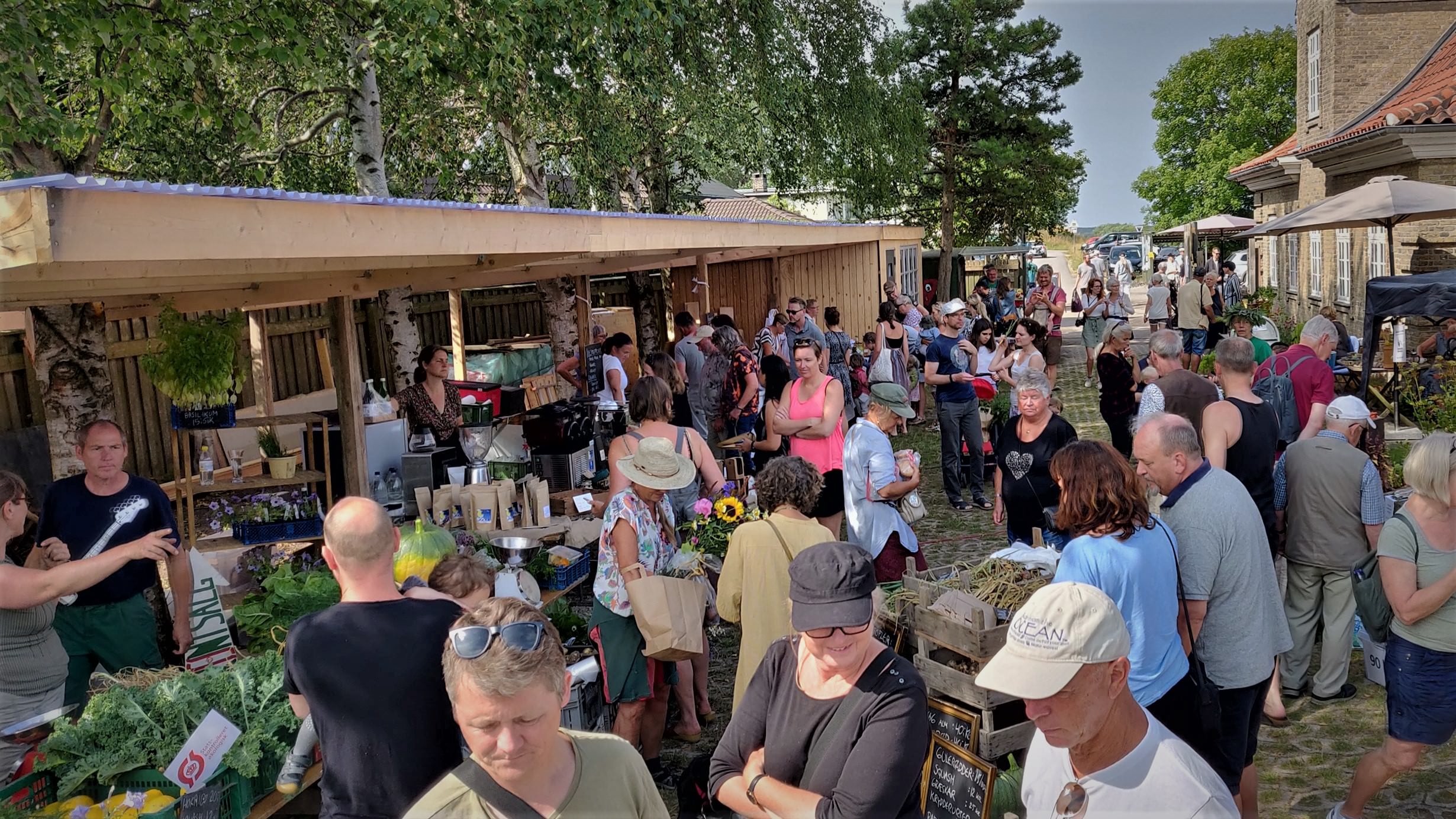 Folk går på Torup Marked, hvor der er boder med økologiske grønsager