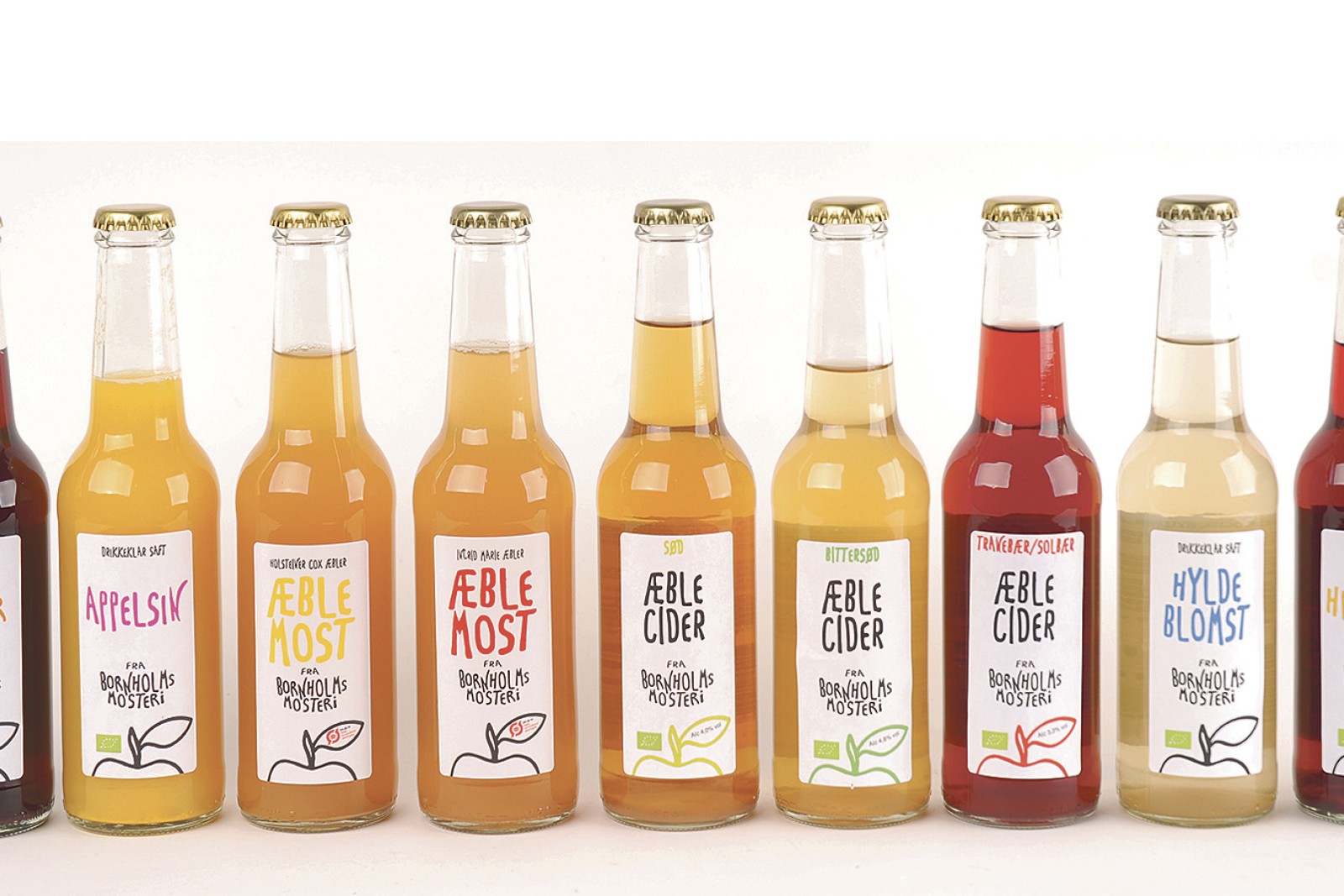 Flasker med økologisk cider og most fra Bornholms Mosteri