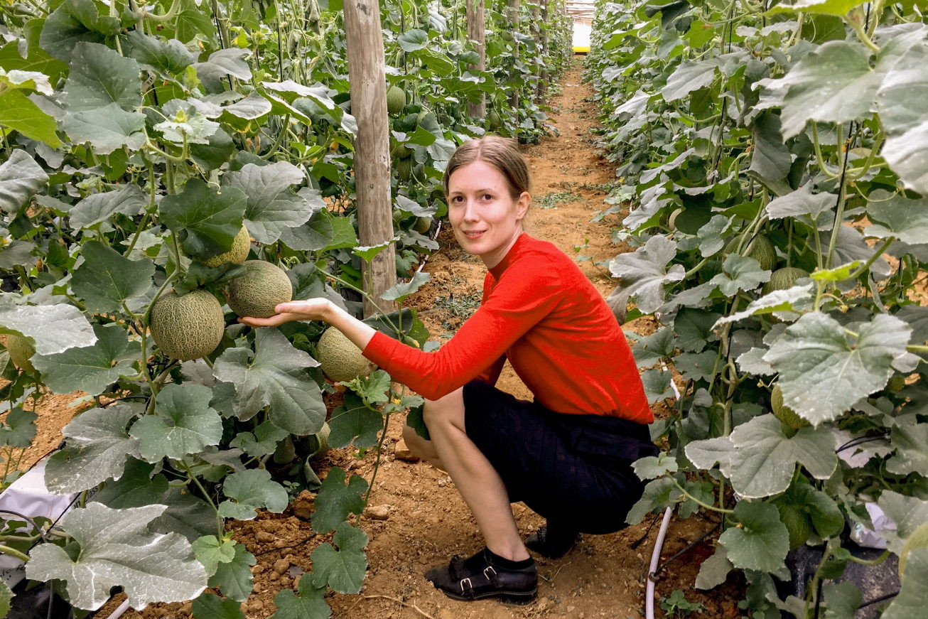 Mathilde Jakobsen i drivhus med modne meloner