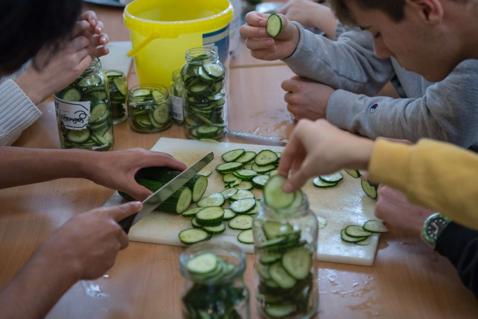 Børn snitter agurker til agurkesalat