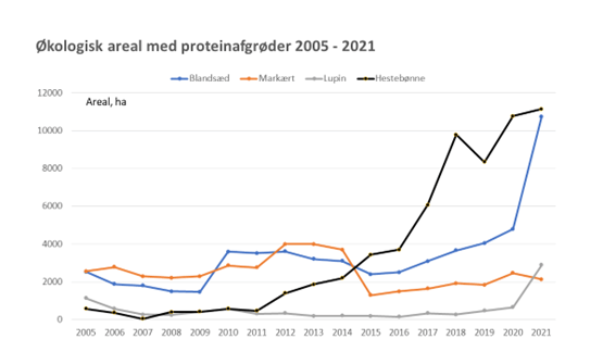 Økologisk areal med proteinafgrøder 2005 - 2021