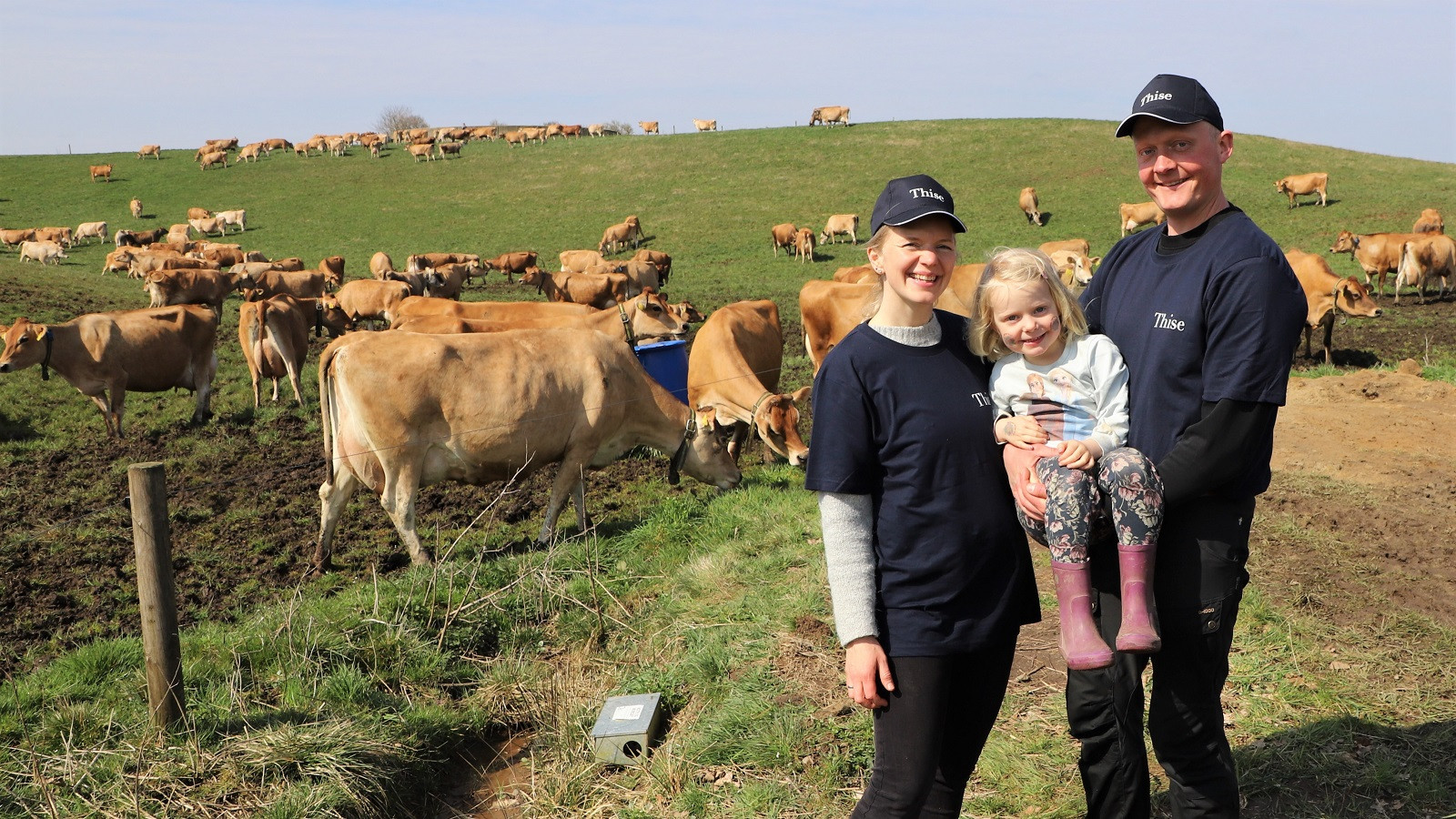 Økodag Lene og Michael Bisgård og datteren Ida står foran køerne på Hagens Mølle, som lige er kommet på græs