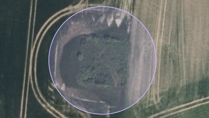 Markkortet fra Landbrugsstyrelsen viser et eksempel på en vandboring, hvor beskyttelseszonen (cirklen) er overtrådt, da der dyrkes i zonen. Nummeret på vandboringen er anonymiseret