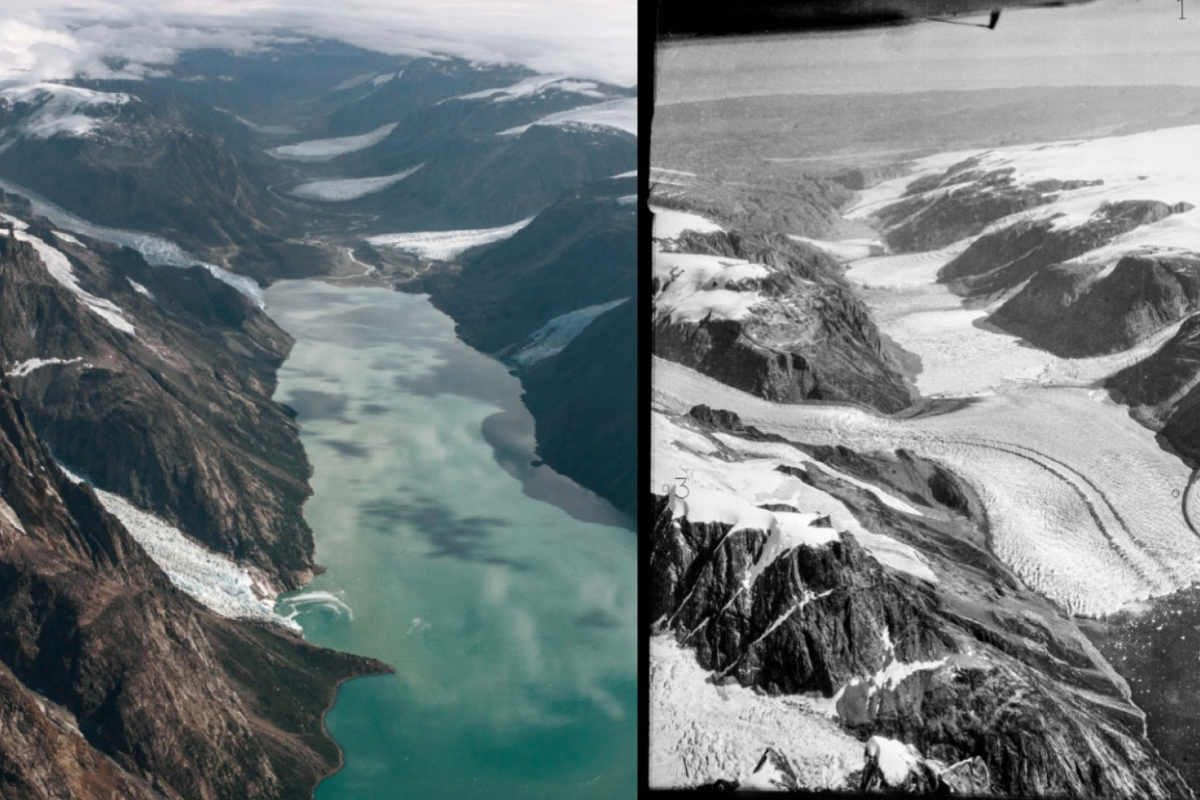 Luftfoto af gletsjere i Grønland nu ift. for næsten 100 år siden