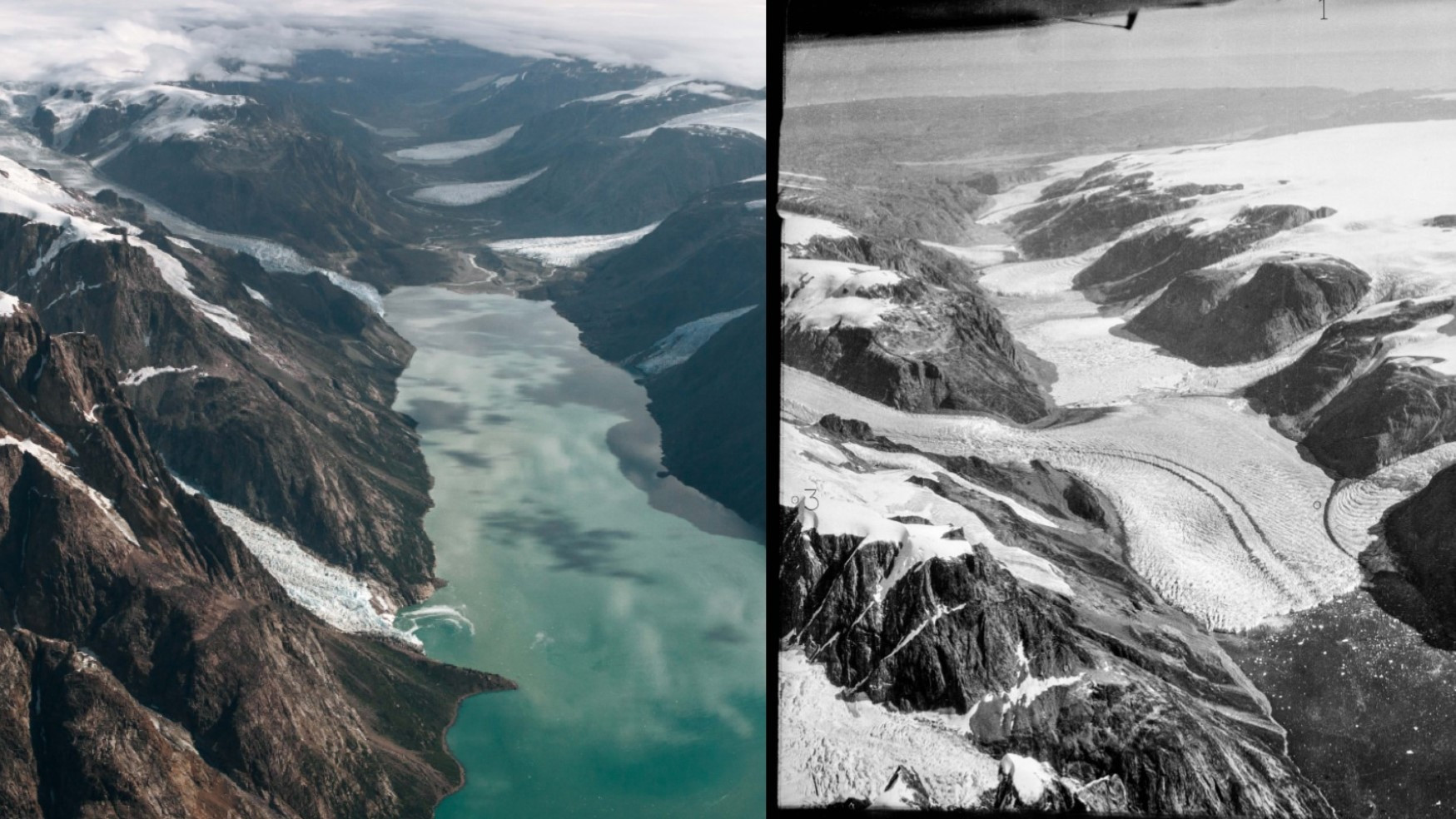 Luftfoto af gletsjere i Grønland nu ift. for næsten 100 år siden