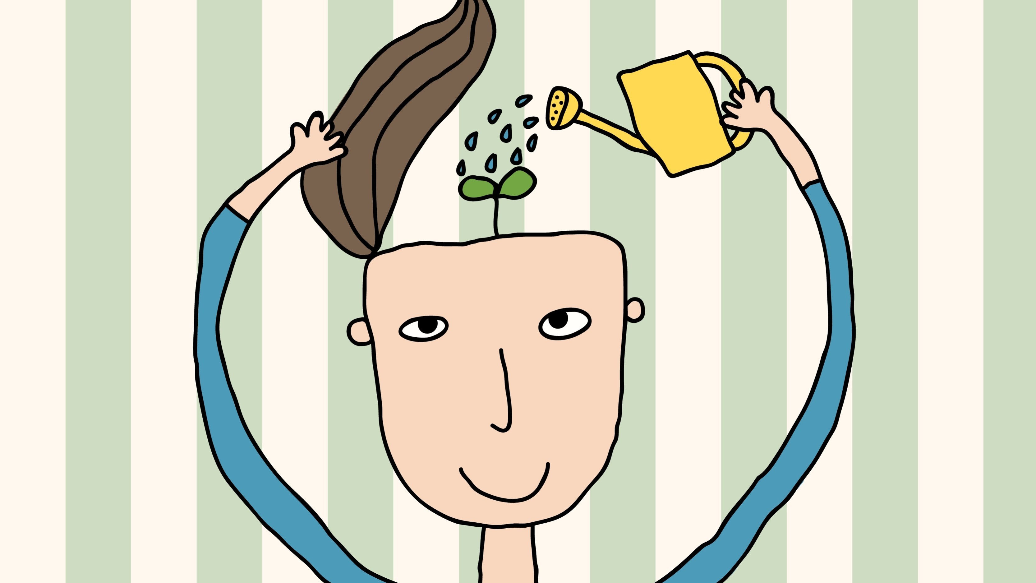 En illustration af en figur, der vander en plante i sit hoved