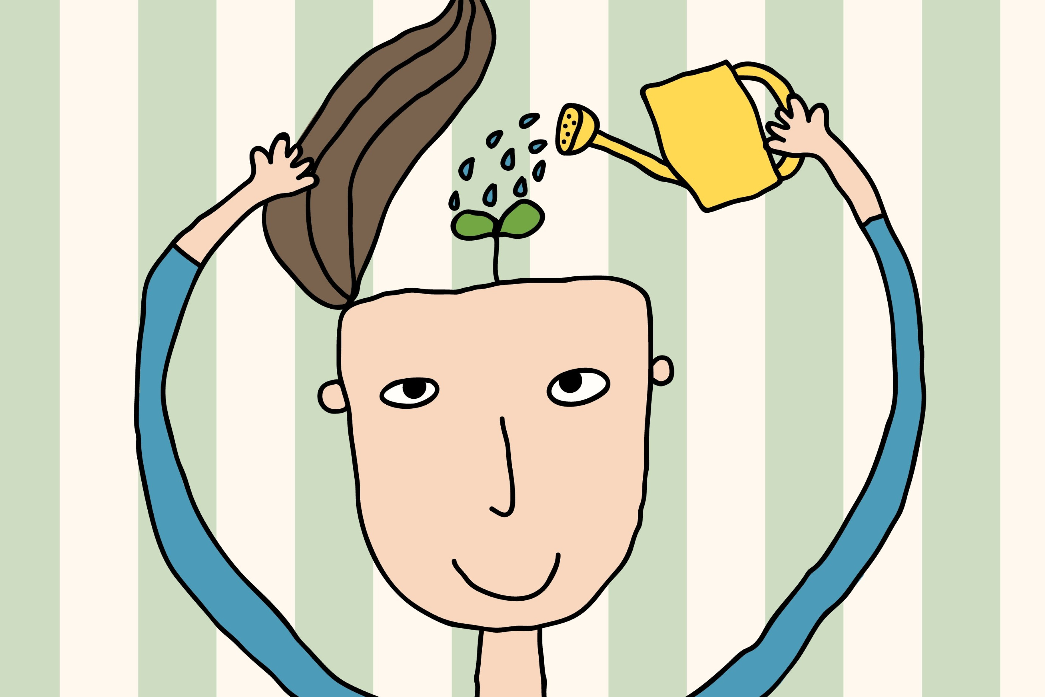 En illustration af en figur, der vander en plante i sit hoved