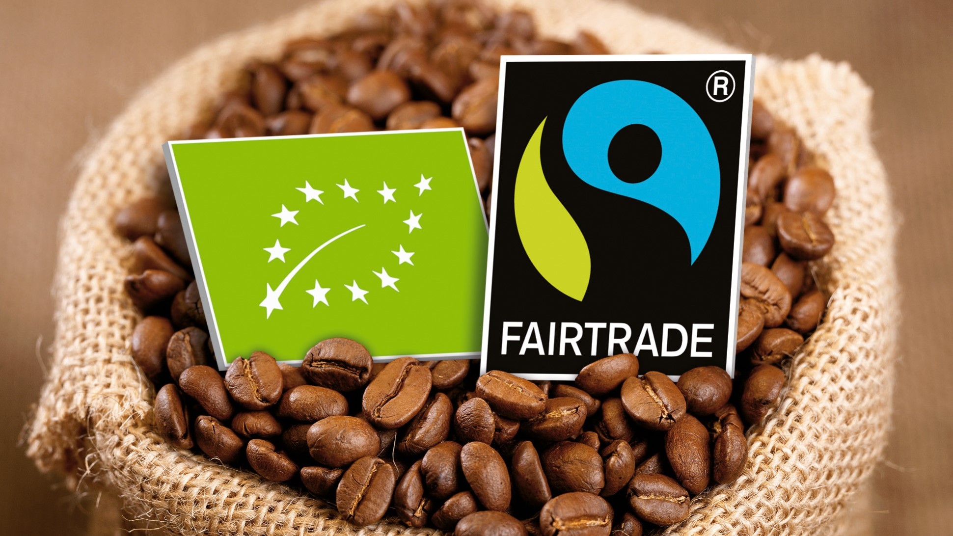 Fairtrade- og økologimærket ligger oven på en bunke kaffebønner