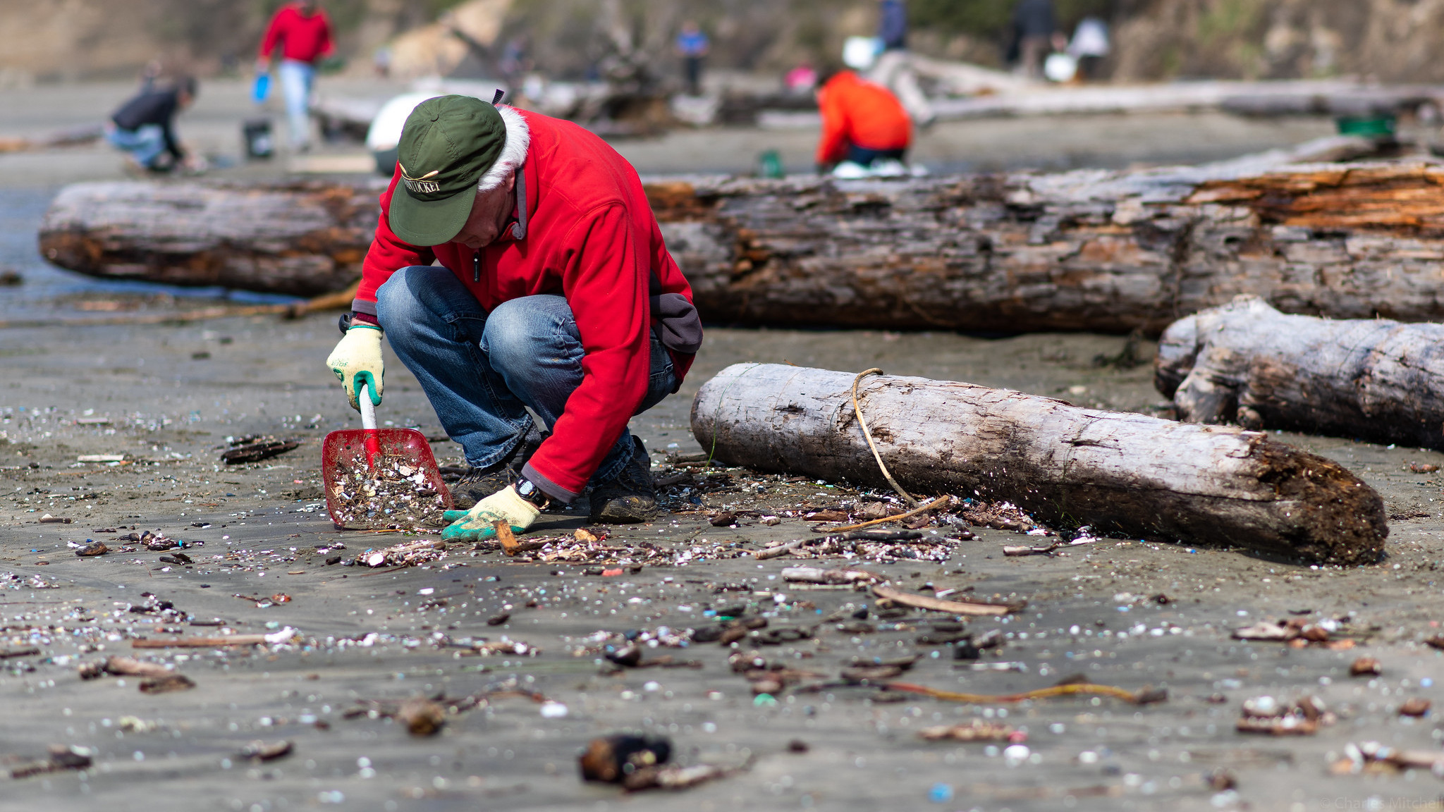 Mennesker fjerner affald på en strand