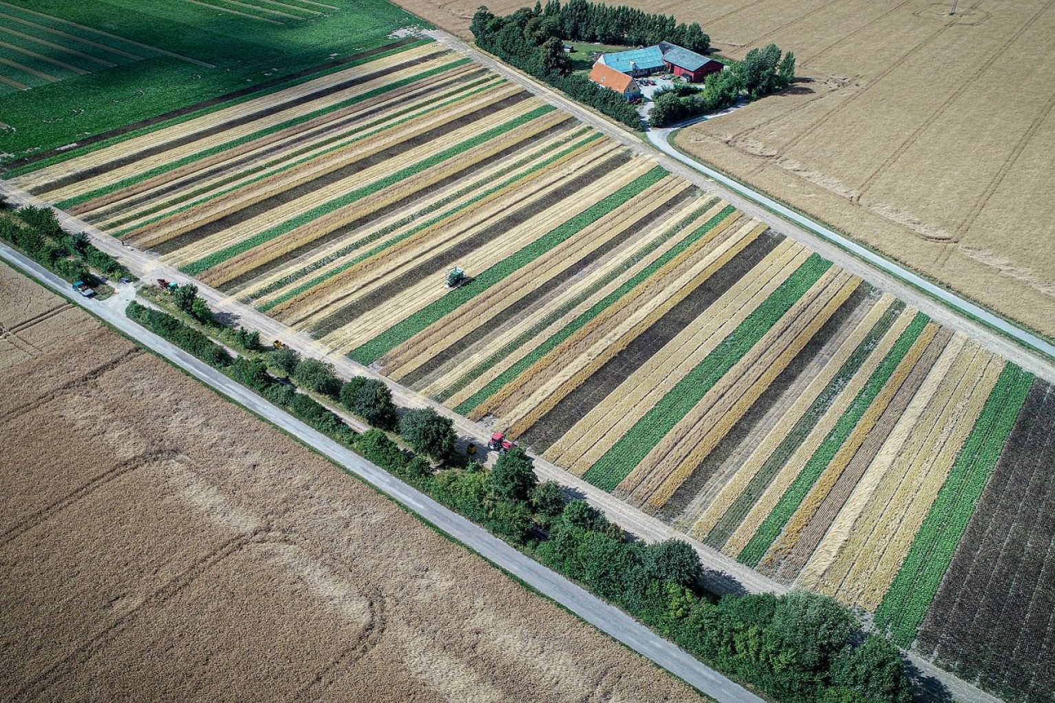 Dronebillede af stribedyrkede marker