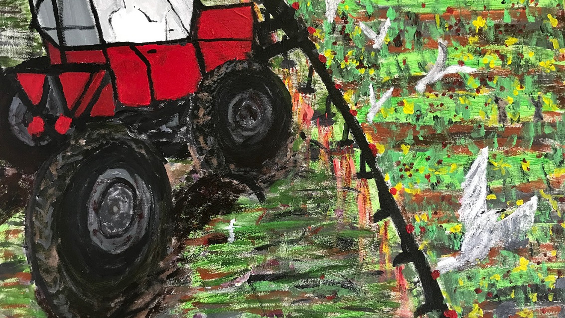 Maleri som viser en traktor der sprøjter pesticider på marken