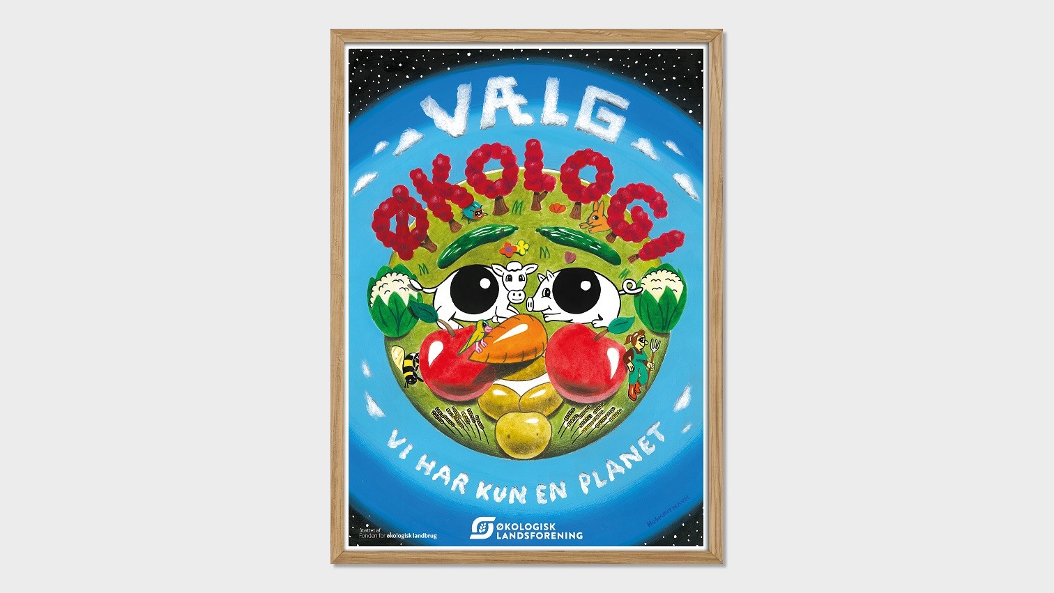 Plakat viser kloden med et ansigt illustreret med frugt, grønt og landbrugsdyr