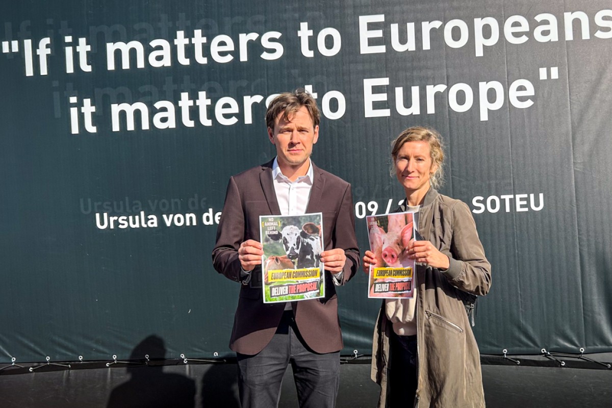 Niels Fuglsang og Sophie Hastrup Christensen, landbrugspolitisk chefkonsulent i Dyrenes Beskyttelse står med kampagnemateriale i hænderne