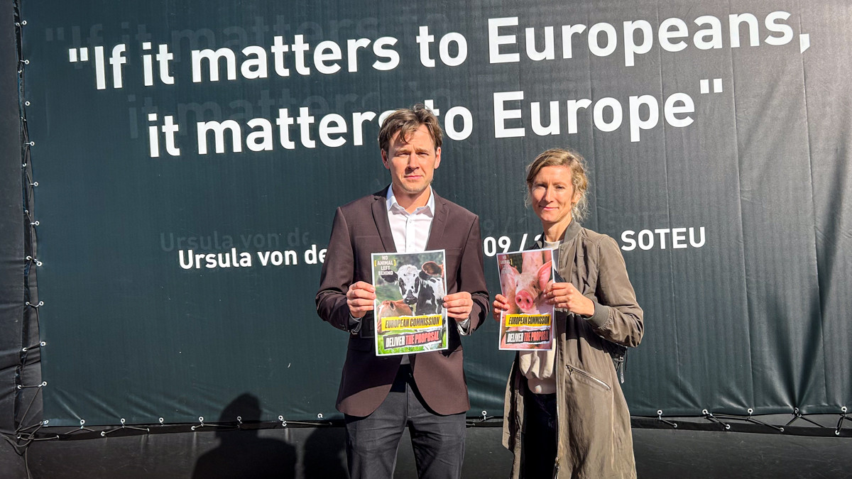 Niels Fuglsang og Sophie Hastrup Christensen, landbrugspolitisk chefkonsulent i Dyrenes Beskyttelse står med kampagnemateriale i hænderne