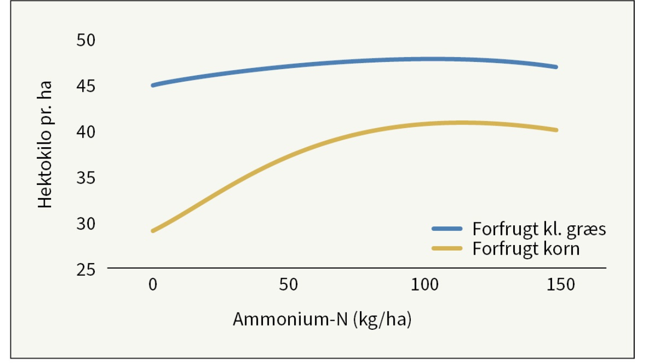 Figur 2: Kvælstofrespons i vårbyg med forfrugt kløvergræs og forfrugt korn