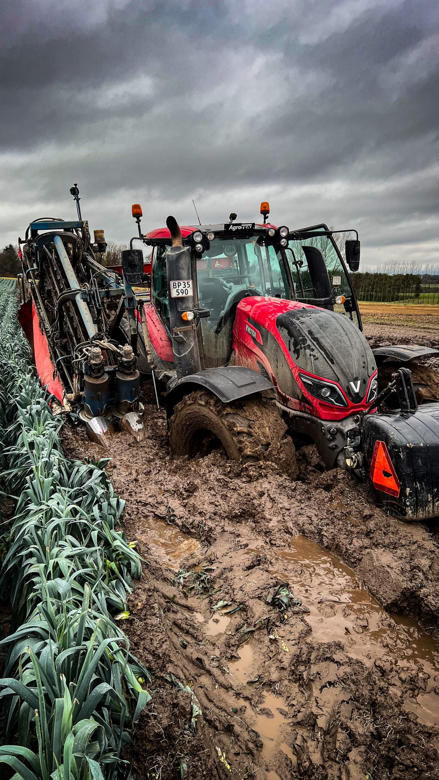 En traktor er kørt fast i en oversvømmet porremark hos Dangrow - næste år har de sandsynligvis bæltekøretøjer parate, hvis markerne kommer under vand