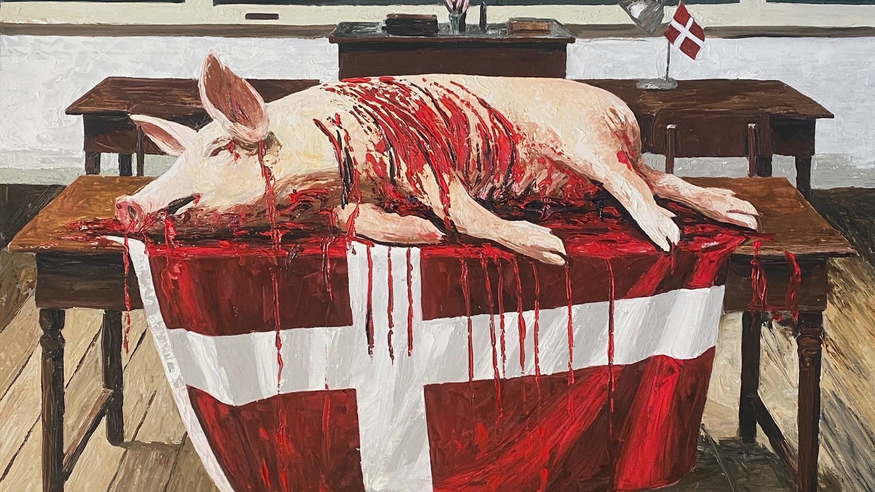 Maleri af en død blødende gris, der ligger på Dannebrog