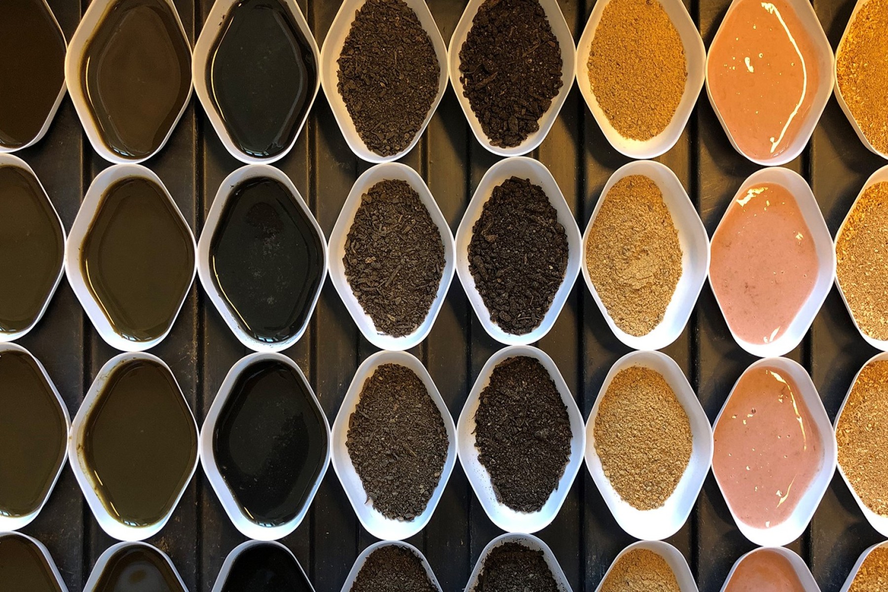 Skåle med bio-baserede produkter anvendt i Fertihood-forsøg: biogas digestat, kompost, Øgro, Fertigro og insekt-frass