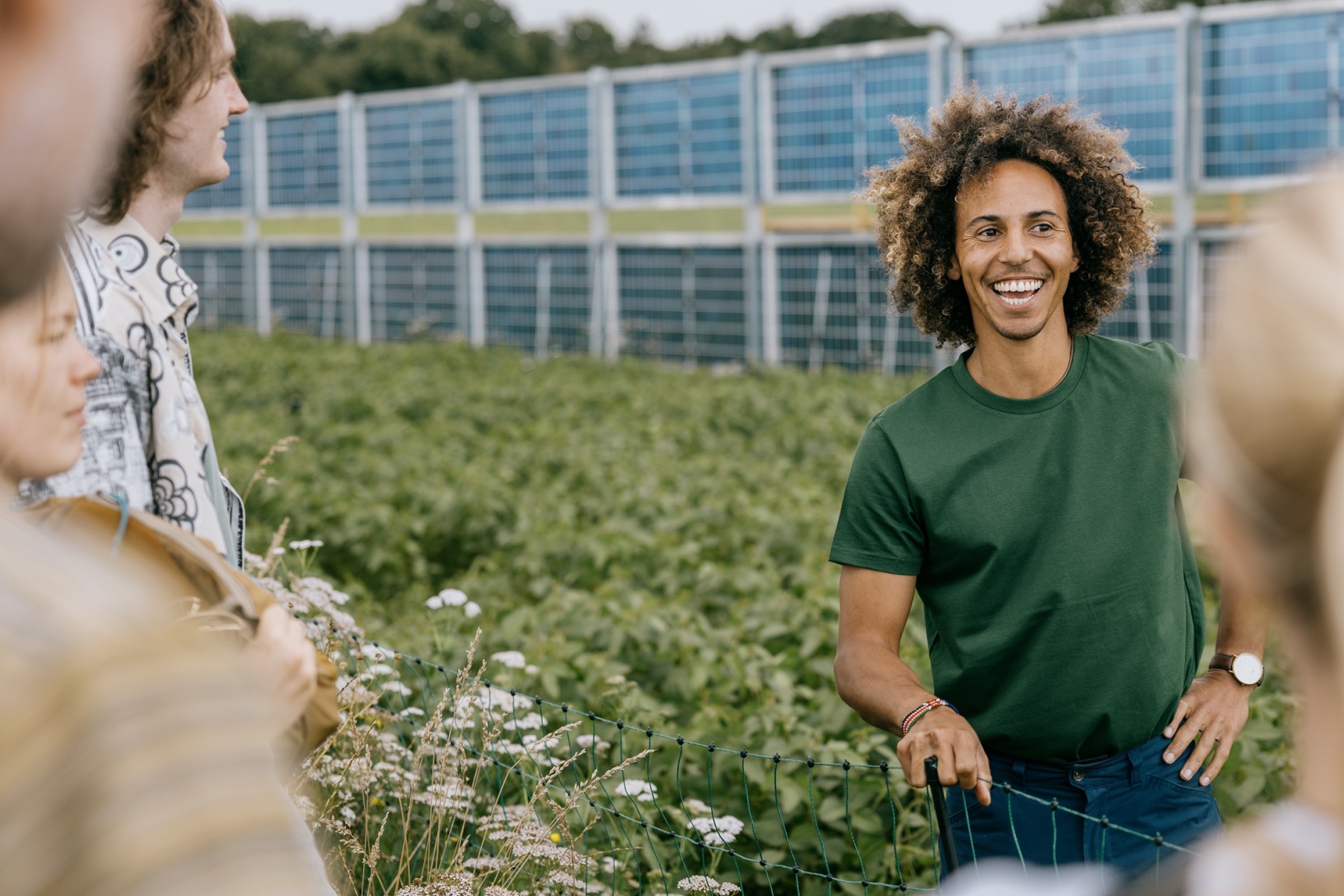 Ph.d.-studerende Kamau Lindhardt ved lodrette solpaneler på en mark ved Aarhus Universitets forskningscenter i Foulum, AU Viborg