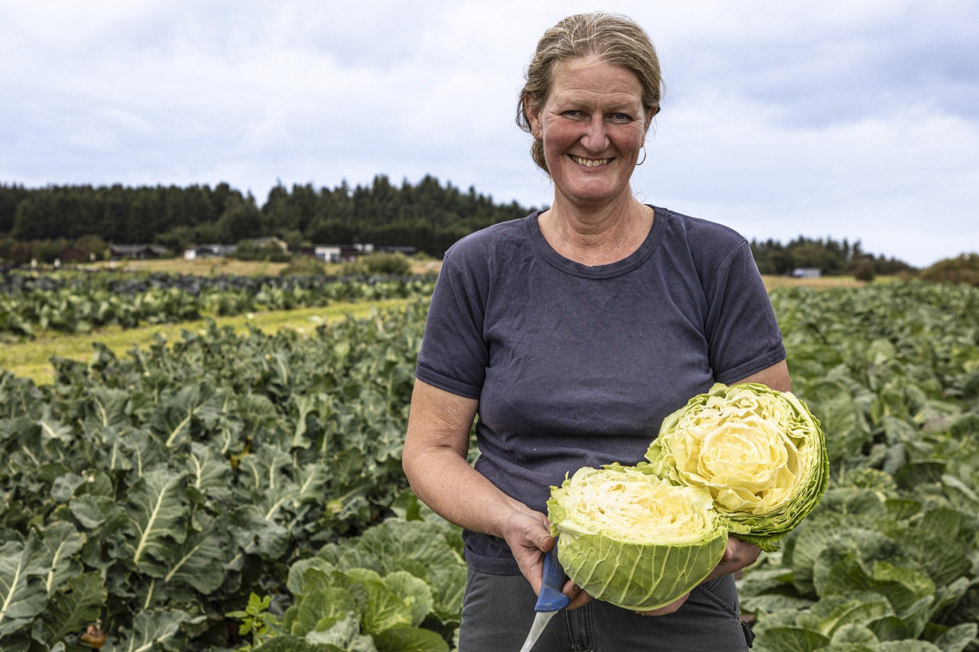 Pia Hjort står på en mark med et overskåret kål i sine hænder