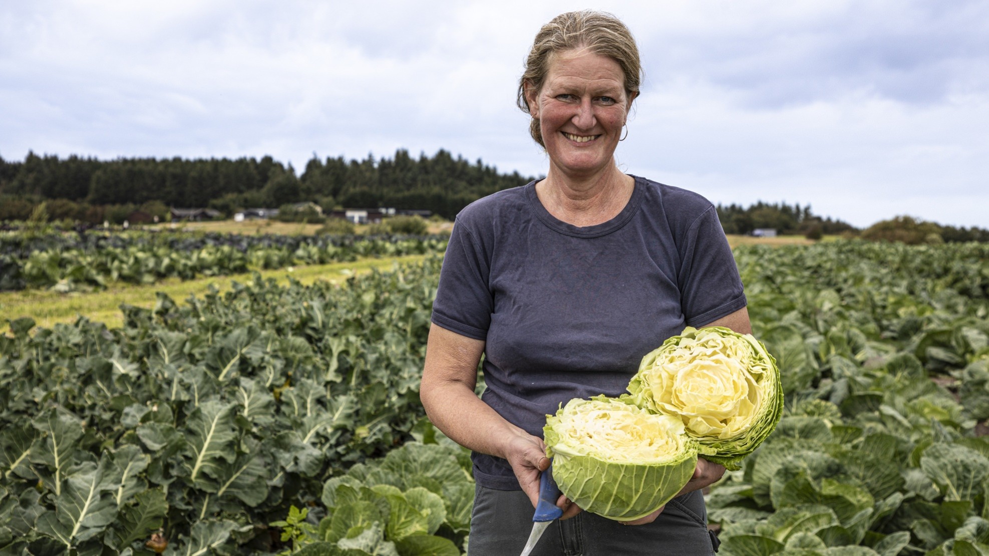 Pia Hjort står på en mark med et overskåret kål i sine hænder